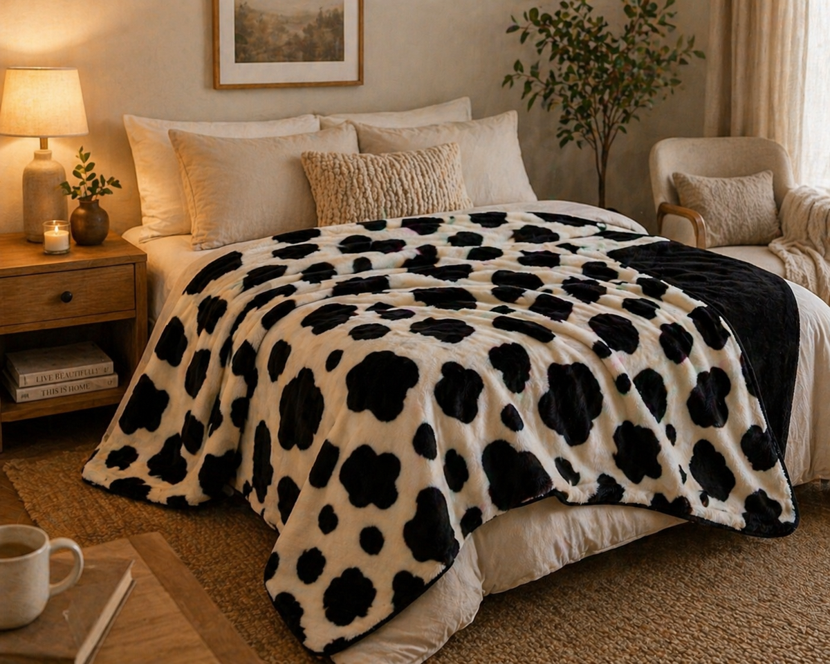 COBIJA CAMA DOBLE ABRICOL DOBLE FAZ 180x220 cm Vaca/Negro
