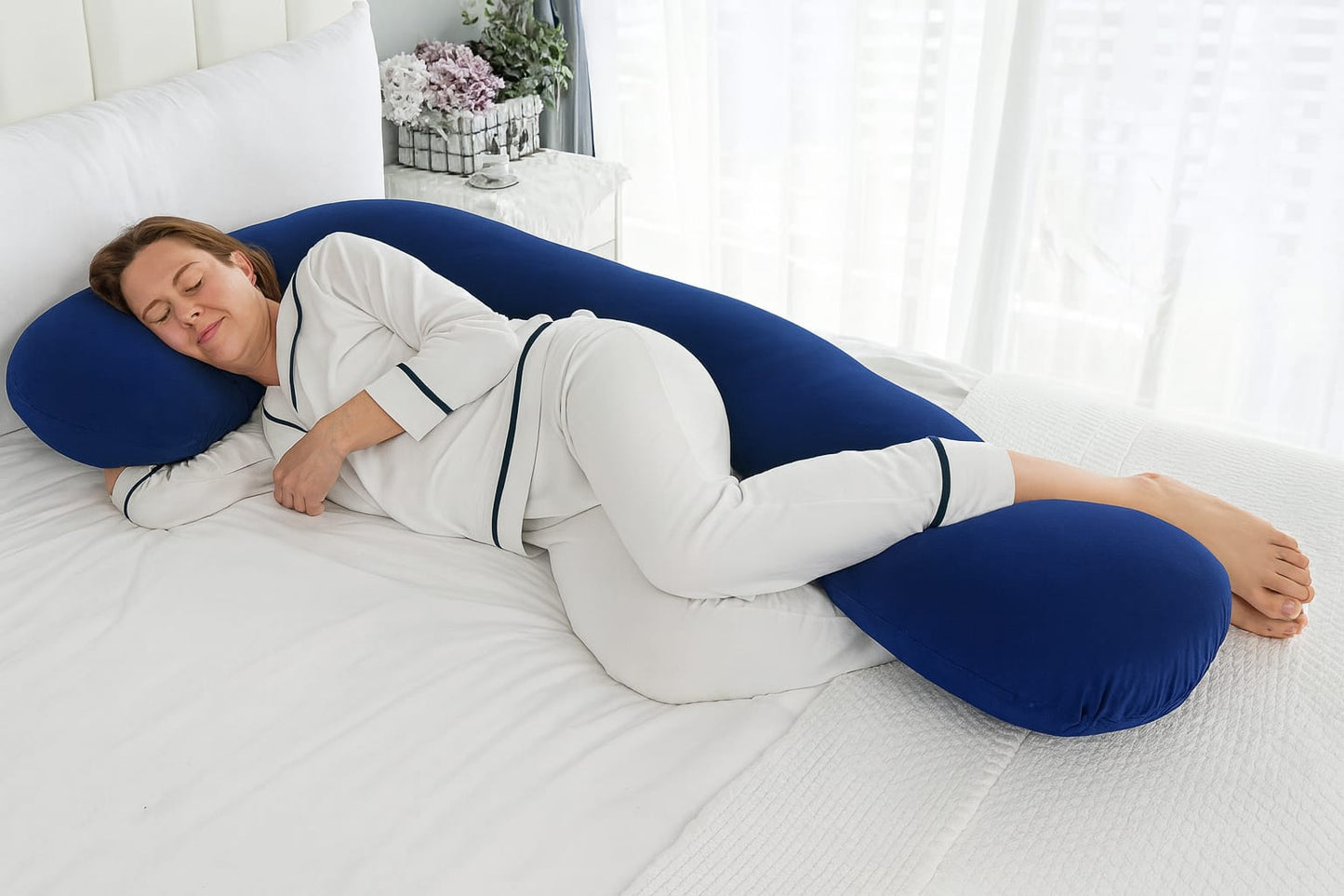Almohada Cojin Ergonómico Forma L Para Cuerpo Entero Azul oscuro