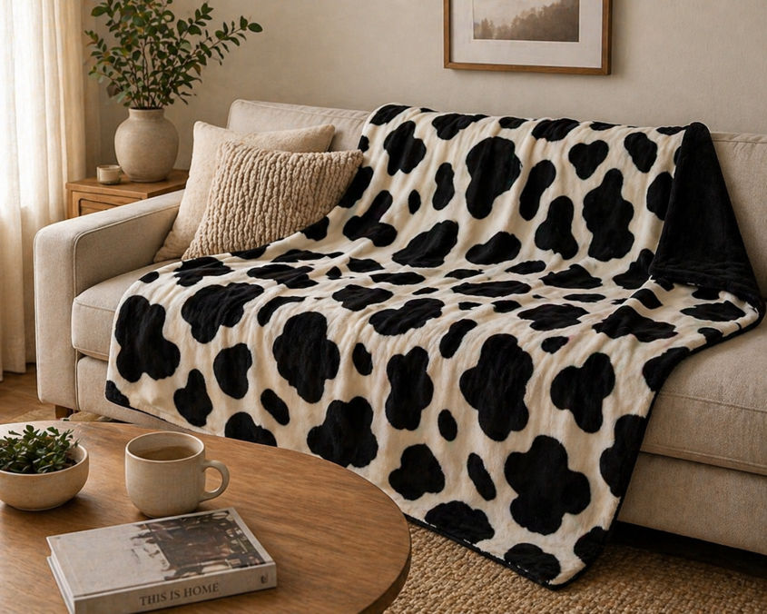 COBIJA CAMA DOBLE ABRICOL DOBLE FAZ  180x220 cm Vaca/Negro
